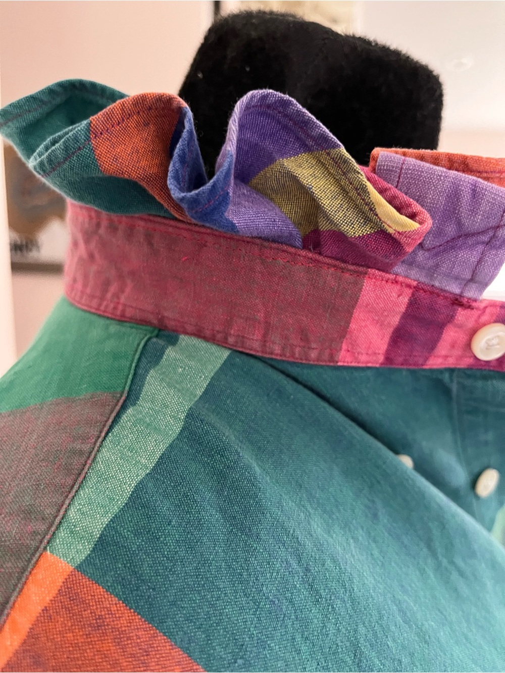 Upcycled Ralph Lauren Madras Plaid Button-Down Shirt Ruffle Collar - Picture 7 of 9